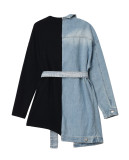 Trendy brand stitching denim waist belted sweater spring and autumn thin loose top