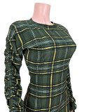 Autumn / winter 2021 fashion Plaid bandage pleated sleeve dress