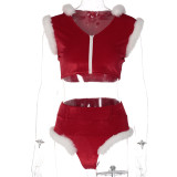 2021 Winter Christmas New Fashion Stitching Plush Hooded Zipper Vest Sexy Shorts Set