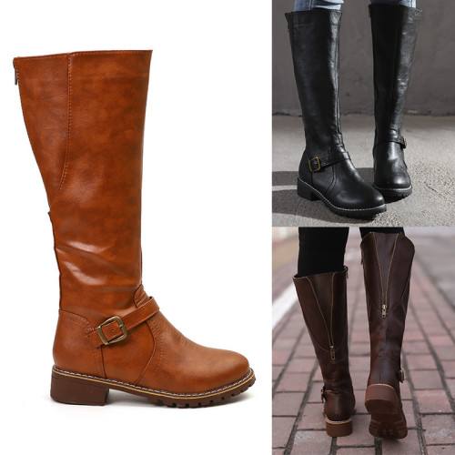 2021 winter plus size belt buckle low heel high boots side zipper knight women's boots Martin boots