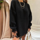Loose solid color hole sweater medium long aw2021 round neck Pullover long sleeve sweater