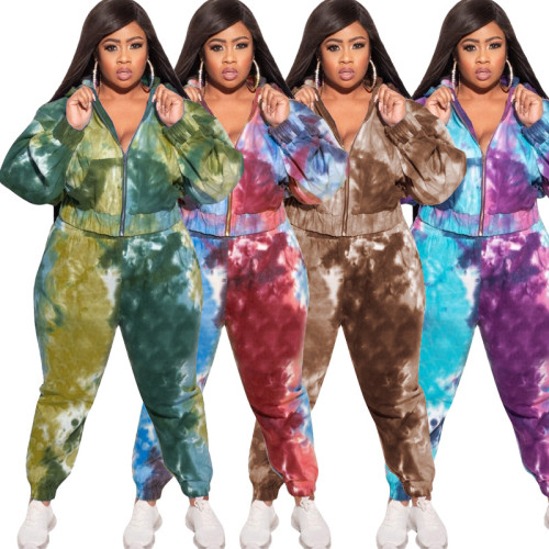 Autumn and winter 2021 new tie dyeing loose fashion leisure two-piece set large women's suit