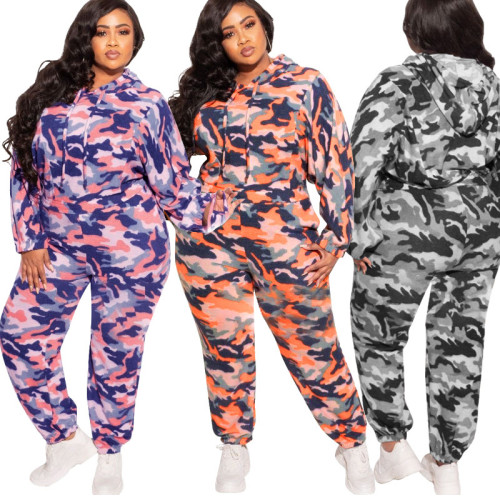 Autumn and winter 2021 new camouflage loose fashion casual two-piece set large women's suit