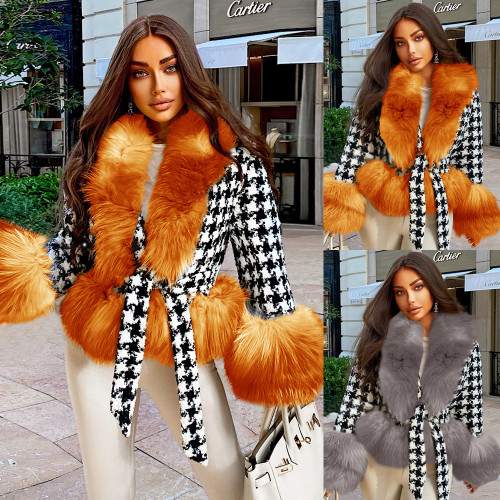2021 autumn and winter women's thousand bird grid short fur coat with cotton thickened slim lace up coat