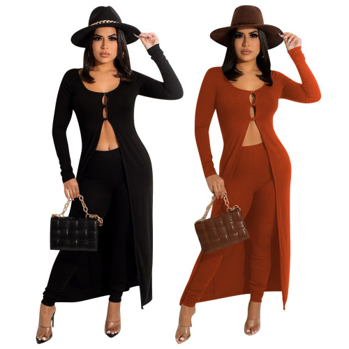 2021 autumn winter fashion solid color cardigan large Cape personalized two-piece set