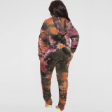 Autumn and winter 2021 new tie dye printing fashion casual two-piece set large women's suit