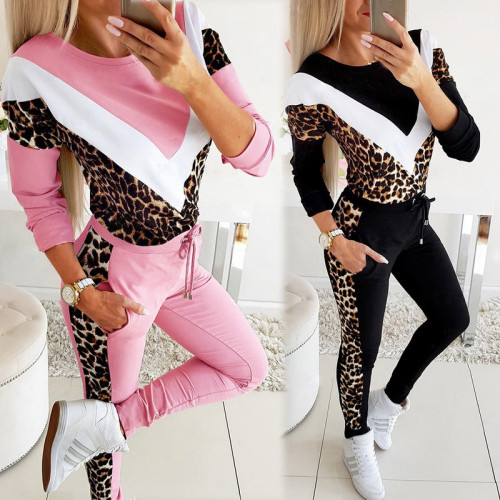 2021 autumn winter casual two piece sweater long sleeve women's leopard sports suit