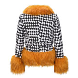 2021 autumn and winter women's thousand bird grid short fur coat with cotton thickened slim lace up coat