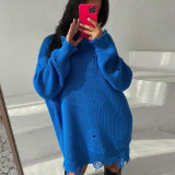 Loose solid color hole sweater medium long aw2021 round neck Pullover long sleeve sweater