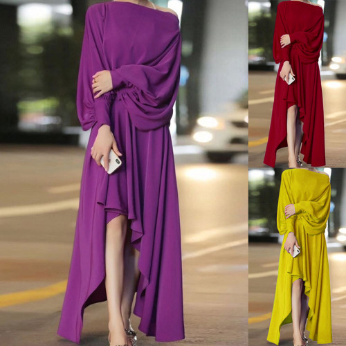 2021 autumn and winter new women's dress solid color temperament celebrity creative irregular dress