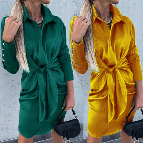 Autumn and winter 2021 women's dress solid color temperament middle waist sexy lace up Satin shirt dress