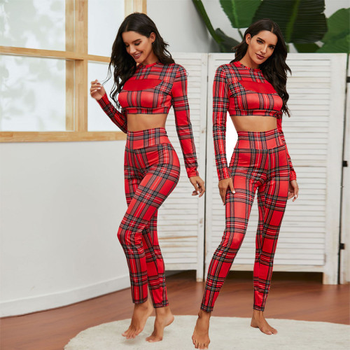 2021 autumn and winter christmas check print yoga pants sports suit