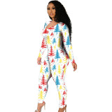New long-sleeved sexy low-cut large size skinny Christmas print jumpsuit