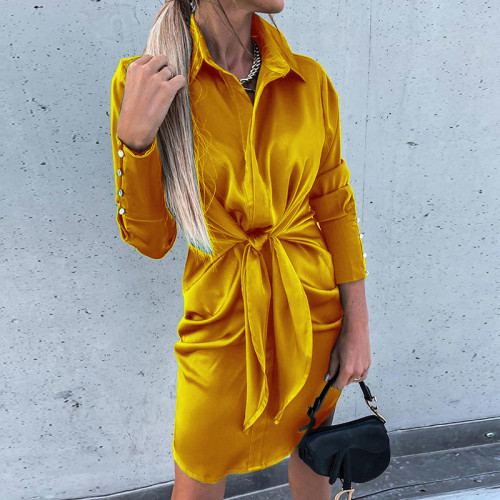 Autumn and winter 2021 women's dress solid color temperament middle waist sexy lace up Satin shirt dress