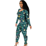 New long-sleeved sexy low-cut large size skinny Christmas print jumpsuit