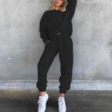 Autumn and winter 2021 new solid color temperament leisure round neck sweater loose sweatpants set