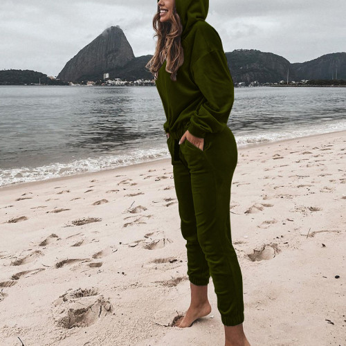 Autumn and winter 2021 new solid color loose hooded sweater casual pants Korean velvet suit