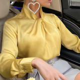 2021 autumn and winter new solid color long-sleeved stand-up collar fashion elegant satin top