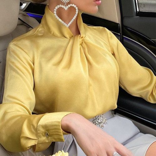 2021 autumn and winter new solid color long-sleeved stand-up collar fashion elegant satin top