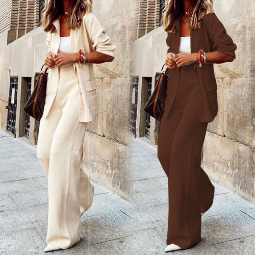 Autumn and winter 2021 new solid color fashion temperament leisure Lace Up Jacket loose wide leg pants two-piece set