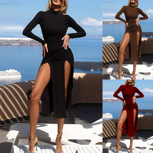 2021 autumn solid color sexy slim double split half high neck long sleeve pit strip dress