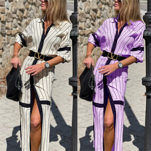 Autumn and winter 2021 fashion temperament design sense of minority Stripe Print Dress