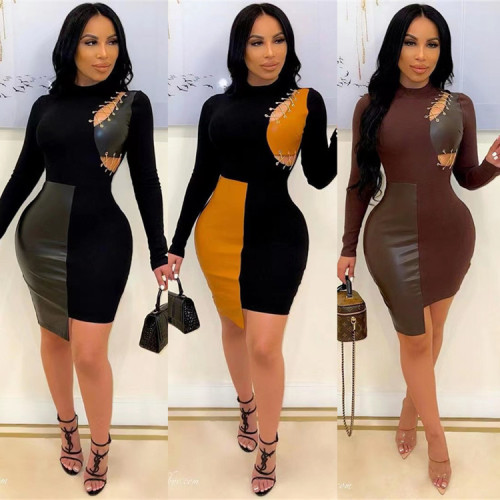 2021 autumn winter fashion sexy tight Hip Wrap Skirt PU leather stitched hollow out rope dress
