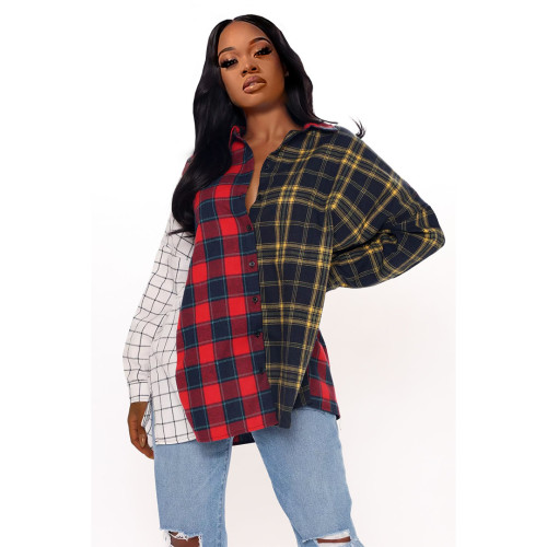 2021 autumn winter nightclub shirt with short front and long back Plaid stitching contrast color shirt