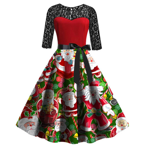 Autumn / winter 2021 long sleeve lace stitched big swing Christmas Dress