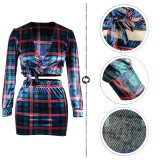 2021 autumn winter women's Plaid printed Korean velvet long sleeve short skirt set two-piece set