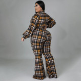 Autumn and winter 2021 new large women's loose check printed shirt collar long sleeve sexy Jumpsuit