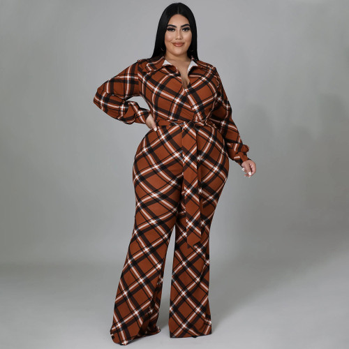 Autumn and winter 2021 new large women's loose check printed shirt collar long sleeve sexy Jumpsuit