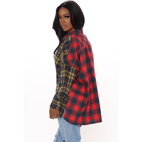 2021 autumn winter nightclub shirt with short front and long back Plaid stitching contrast color shirt