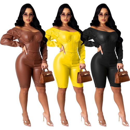 2021 autumn winter fashion casual sexy one shoulder zipper PU leather Jumpsuit