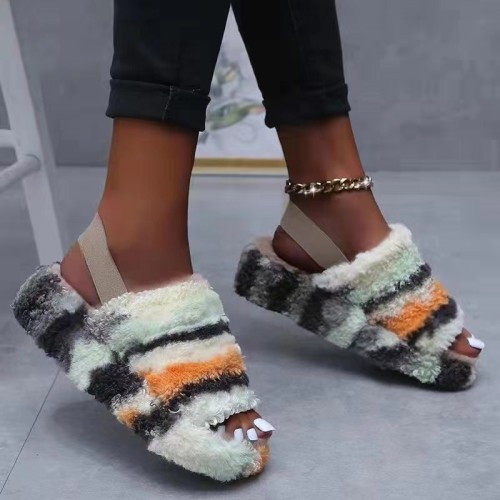 Color-blocking plush cotton slippers