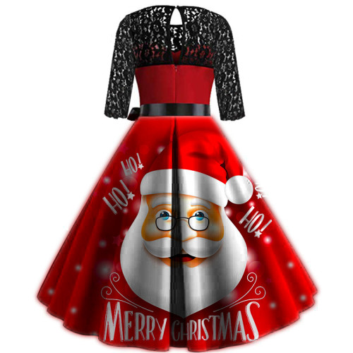 2021 winter Santa Claus lace stitching large swing medium and long Christmas Dress