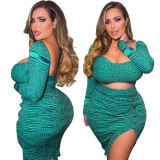 Plus size women's clothing new autumn and winter print low-cut sexy dress with slits