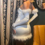 Winter Christmas dress sexy one-shoulder tube top plush bag hip skirt sleeve set