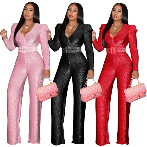 2021 autumn winter women's wear solid color knitted composite fabric bubble sleeve back zipper Jumpsuit with belt