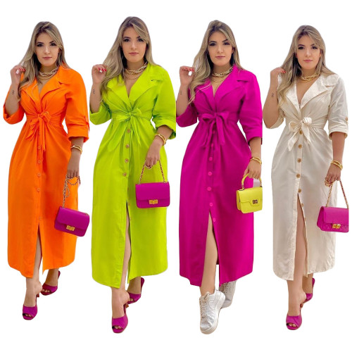 Aw2021 women's long sleeve solid color suit collar casual long dress with belt