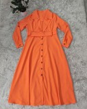 Aw2021 women's long sleeve solid color suit collar casual long dress with belt