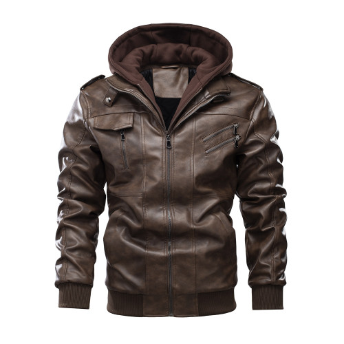 Men's leisure motorcycle PU leather jacket, quilted warm jacket, thick detachable hooded plus size jacket