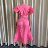 2021 sexy V-neck flying sleeve pleated dress with belt