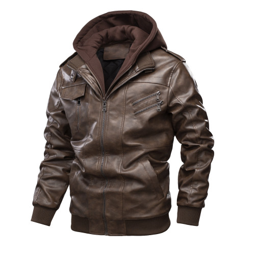 Men's leisure motorcycle PU leather jacket, quilted warm jacket, thick detachable hooded plus size jacket