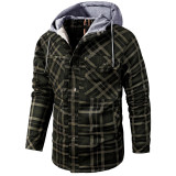 2021 men's long sleeve Plush thickened hooded Plaid Shirt autumn winter large men's coat cotton coat