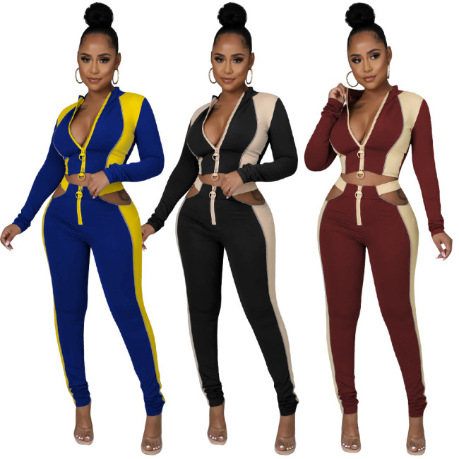 2021 autumn and winter new women's clothing splicing two-color two-way zipper night luminous line two-piece set