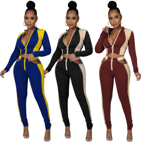 2021 autumn and winter new women's clothing splicing two-color two-way zipper night luminous line two-piece set