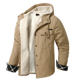 2021 autumn winter men's large plush thickened hooded solid color shirt cashmere jacket cotton coat