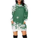 Christmas print mid-length pocket hooded long-sleeved sweater women