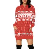 Christmas print mid-length pocket hooded long-sleeved sweater women